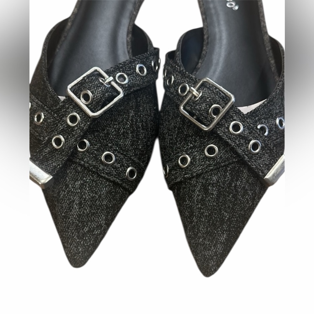 Bamboo Buckle Mule Size 6 Black Denim Slip On Flats Pointed Toe New With Box - Picture 5 of 11
